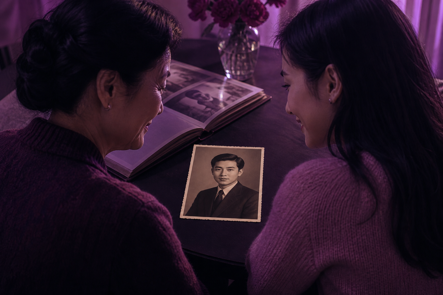 An East Asian mother and daughter looking through preserved family photographs