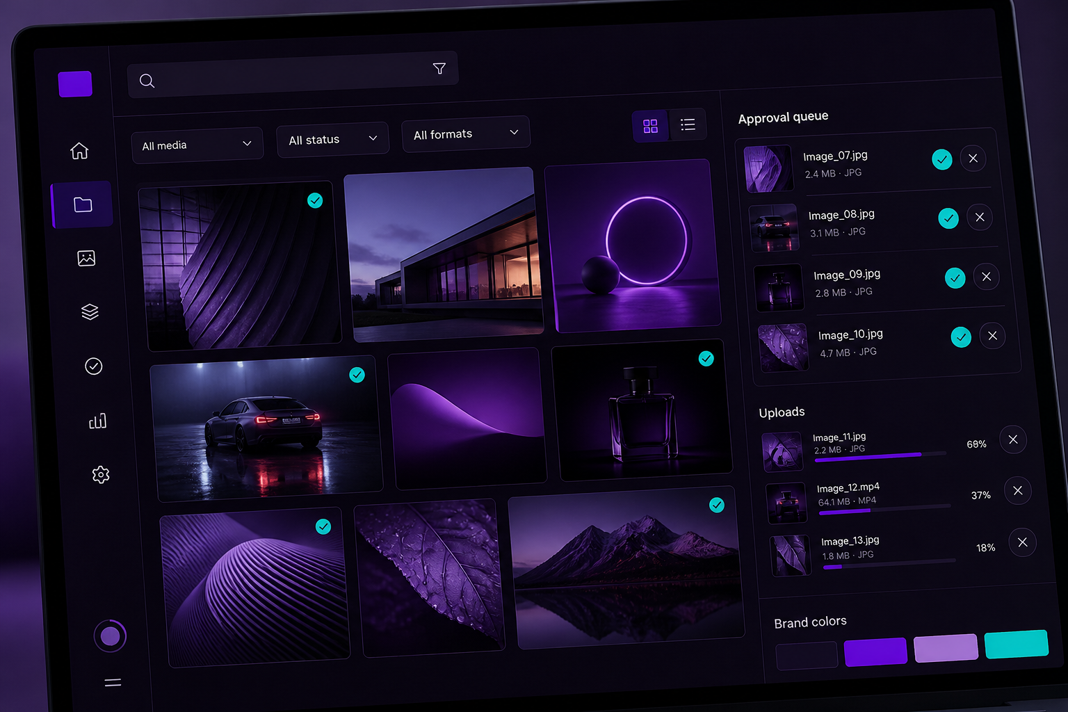 Subscriber workspace showing galleries, an approval queue, and branding controls