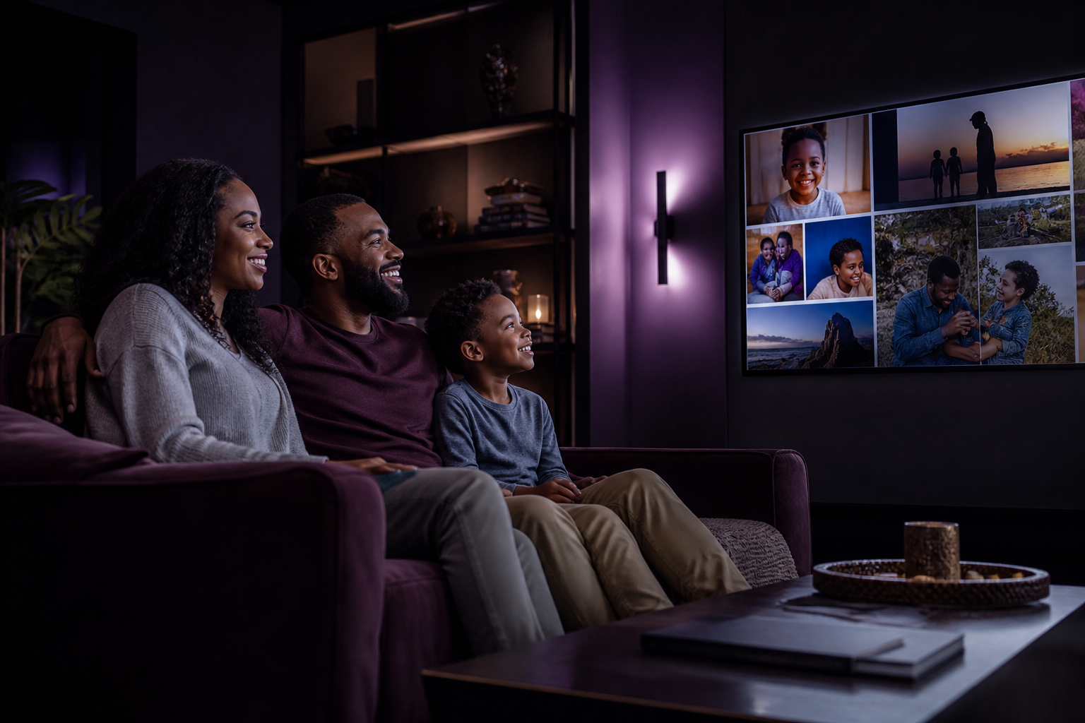 A Black family viewing a cinematic client gallery together in a quiet living room