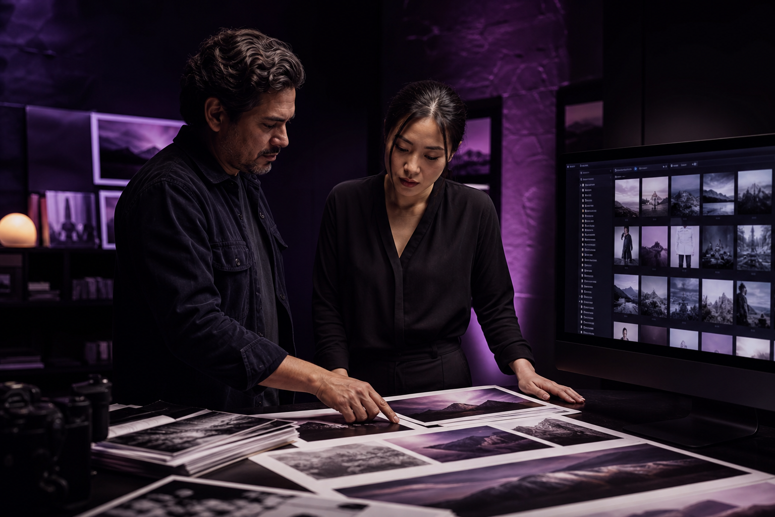 A mixed professional team reviewing an organized client media archive in a studio