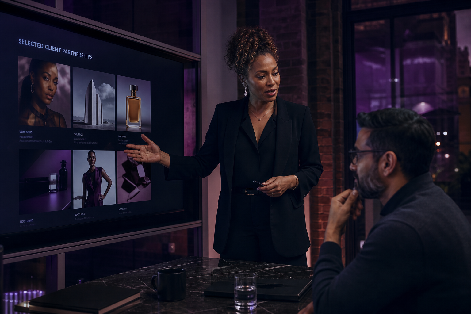 A Black professional presenting a subscriber-branded client portal to a colleague