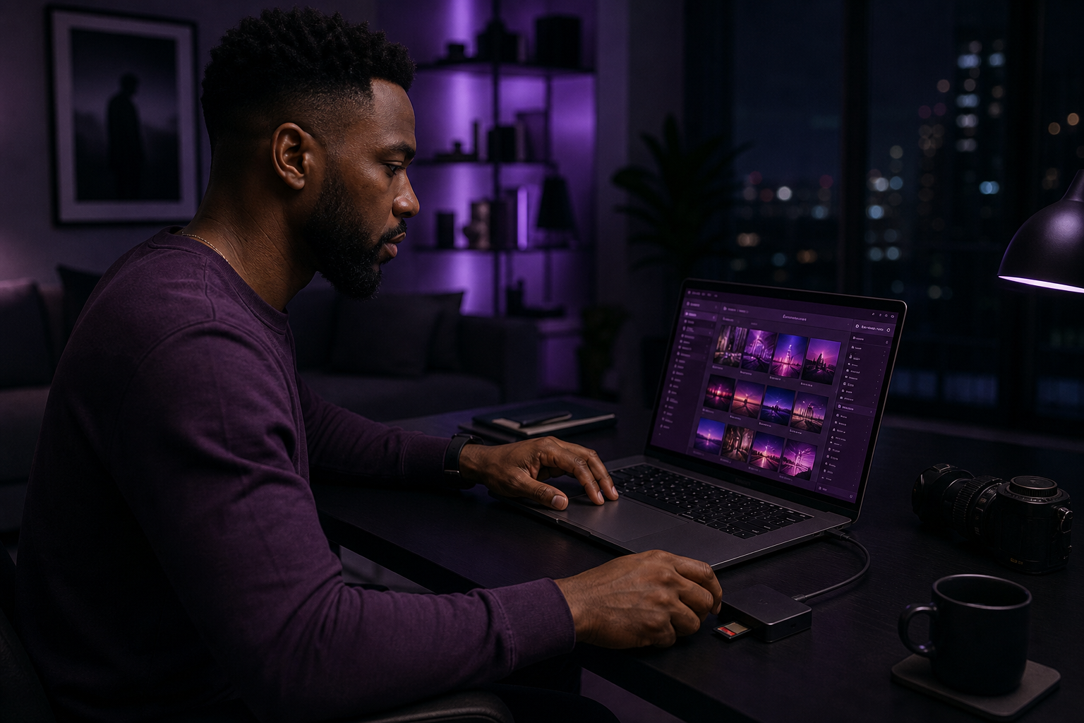 A Black creative professional managing a client photo archive in the subscriber workspace